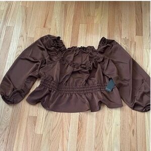 Eloquii Puff Sleeve Peasant Top Womens 26 Brown Smocked Peplum Satin Feminine